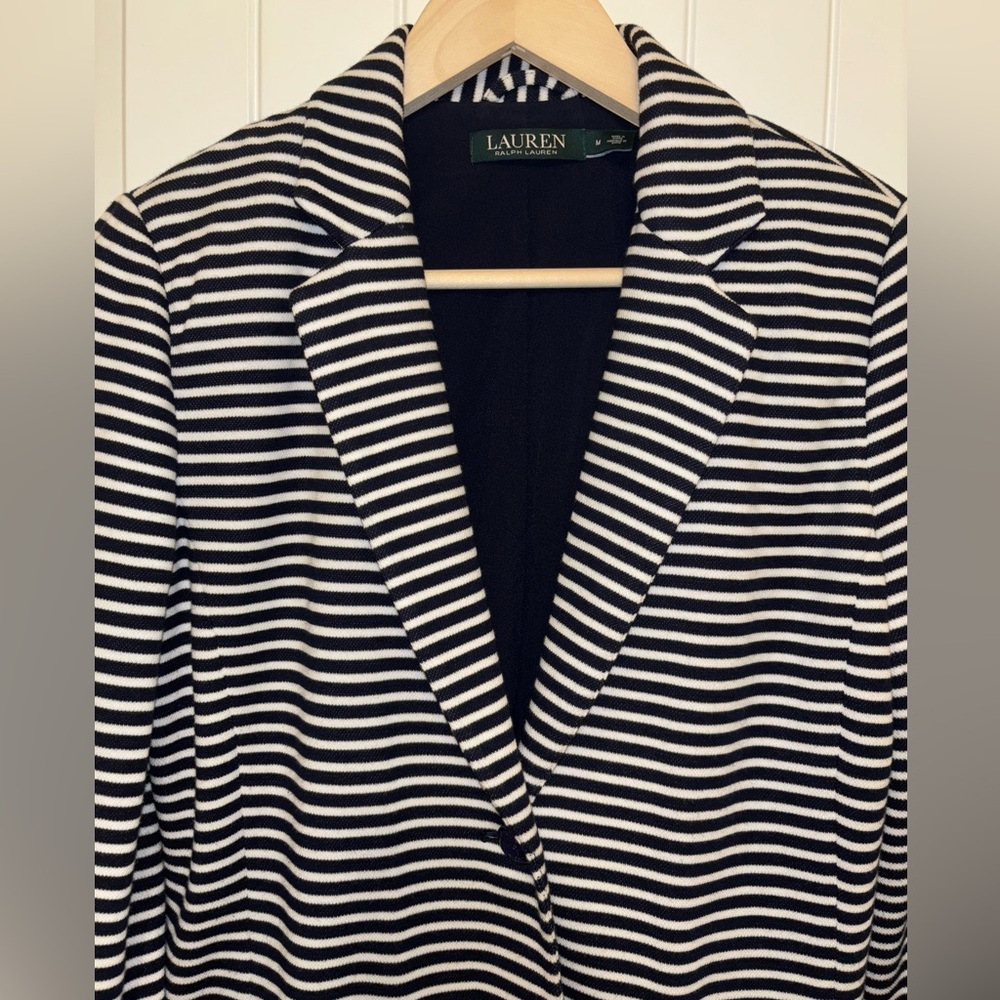 Lauren Ralph Lauren Blue & White Striped Cotton Blend Blazer Medium - Picture 3 of 10